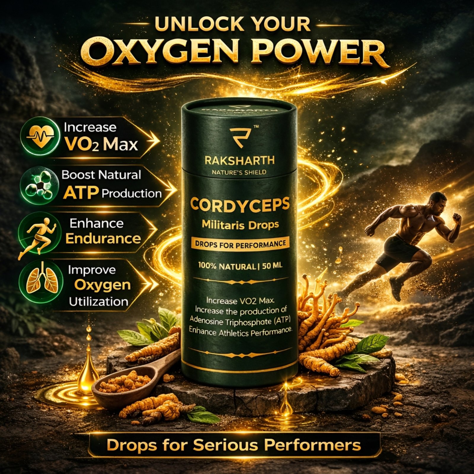 Raksharth Cordyceps Militaris 50ML Liquid Extract | Medicinal Mushroom for Endurance, Energy & Oxygen Utilization Support 100% Fruiting Body Cordyceps Stimulant-Free Herbal Performance Support