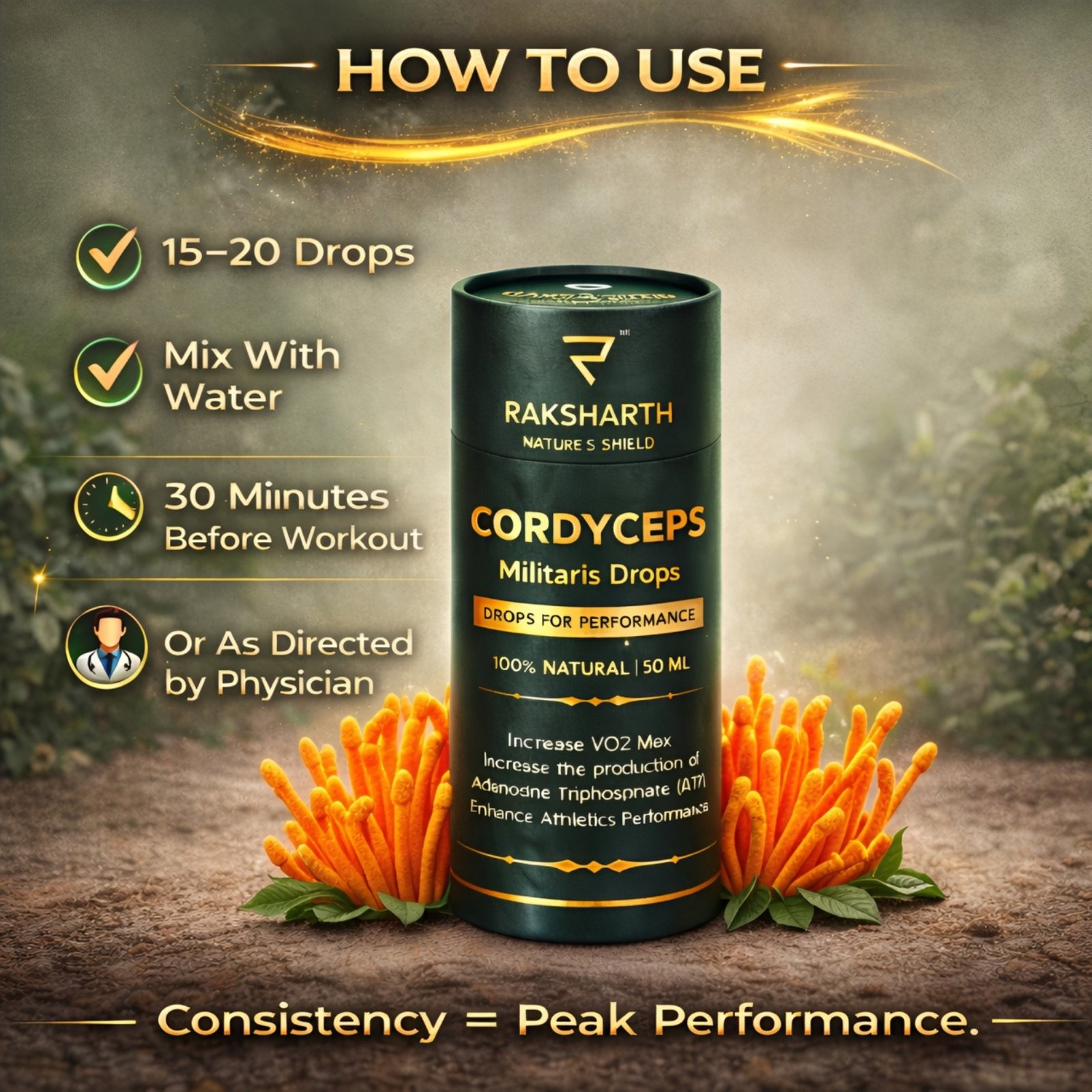 Raksharth Cordyceps Militaris 50ML Liquid Extract | Medicinal Mushroom for Endurance, Energy & Oxygen Utilization Support 100% Fruiting Body Cordyceps Stimulant-Free Herbal Performance Support
