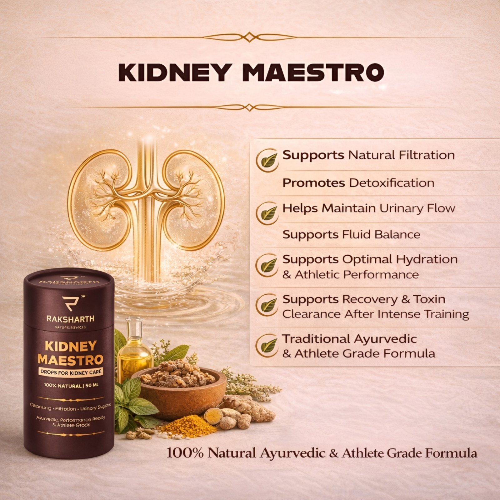 Raksharth Kidney Maestro 50ML Ayurvedic Liquid Extract | Kidney Urinary Support Formula Varun Punarnava, Gokhru & Giloy | Herbal Detox & Filtration Support